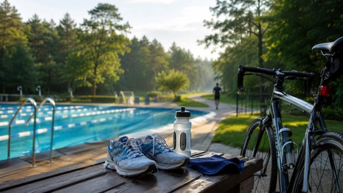 Schwimmbahn im Freibad, Fahrrad und Laufschuhe vor Waldkulisse als Symbol für Triathlon und Breitensport im Oberharz