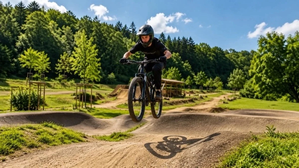 Bikepark mit Pumptrack und Fahrradstrecke in einer Grünanlage im Harz als modernes Freizeitangebot für Jugendliche
