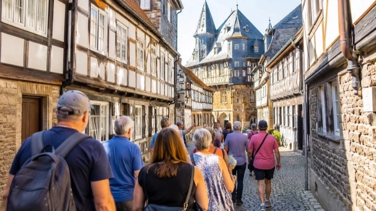 Besucher bei einer Stadtführung durch die historische Altstadt von Goslar mit Fachwerkhäusern und Kopfsteinpflaster