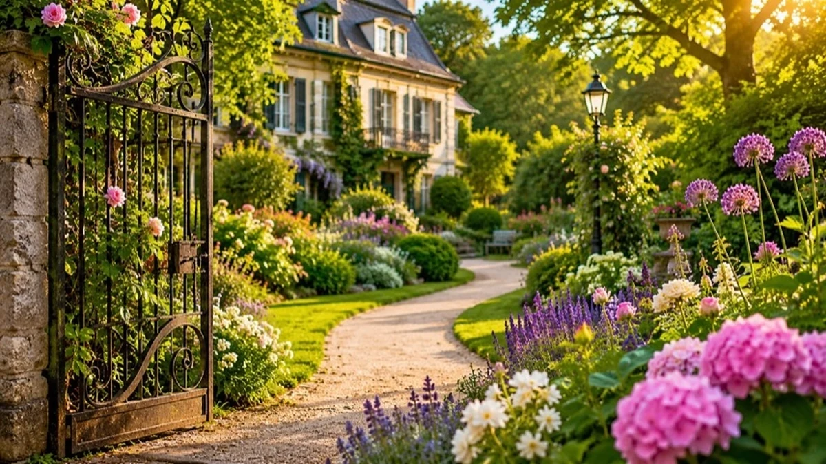 Gartenweg durch eine gepflegte historische Gartenanlage mit Blumen, Bäumen und einem von Grün umgebenen Wohnhaus