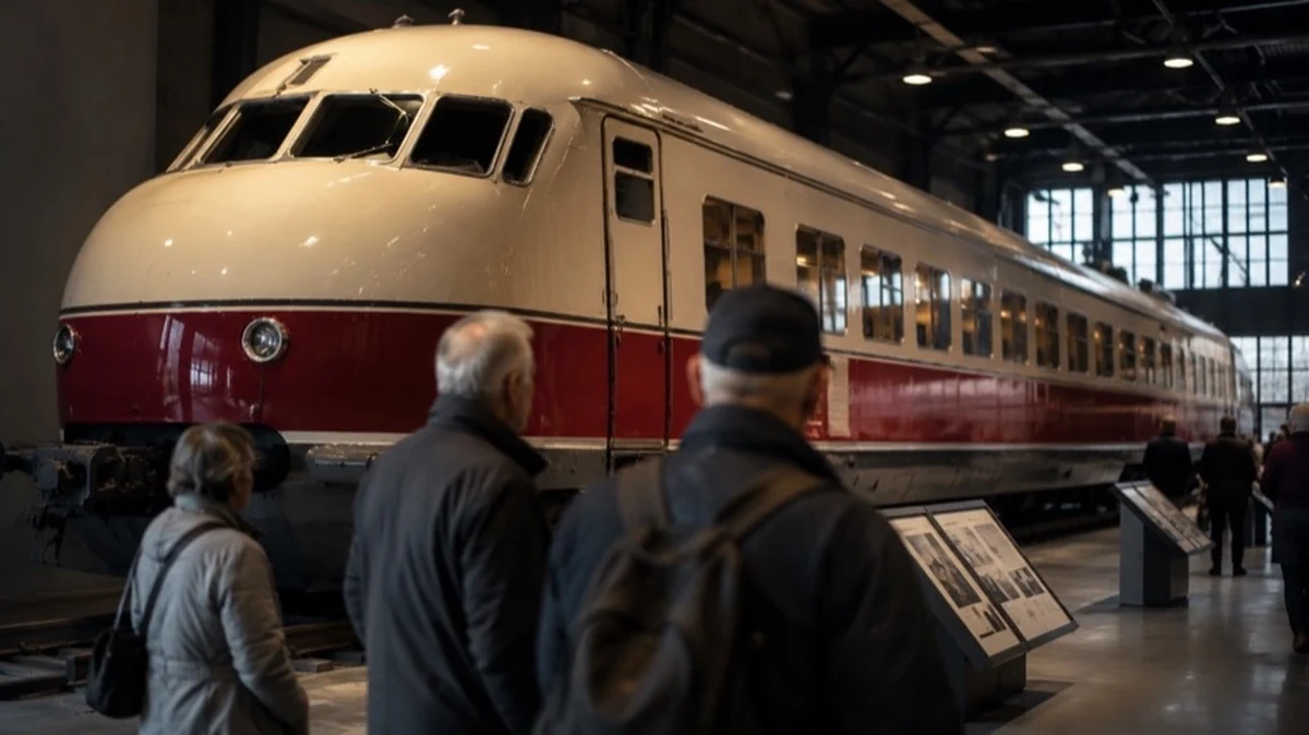 Historischer Schnelltriebwagen in einer Ausstellungshalle mit Besuchern und Informationstafeln zur Eisenbahngeschichte