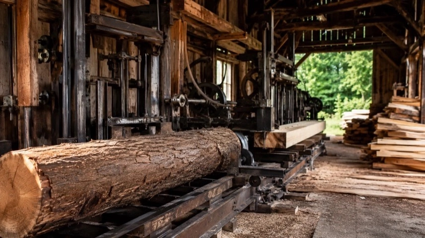 Historisches Schausägewerk im Harz mit Sägegatter, Holzbrettern und alter Holzverarbeitung in Elbingerode