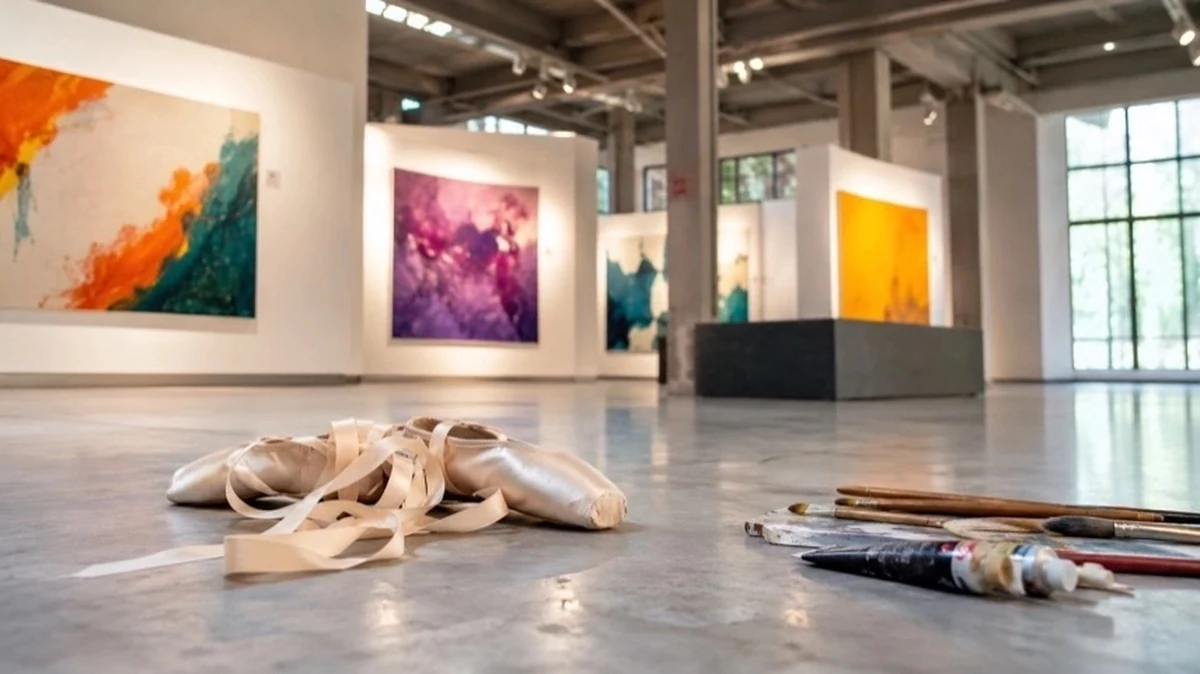 Ausstellungsraum auf einem Hochschulcampus mit Tanzszene und Kunstwerken zur Reihe „Tanz trifft Wissenschaft“ der Hochschule Harz