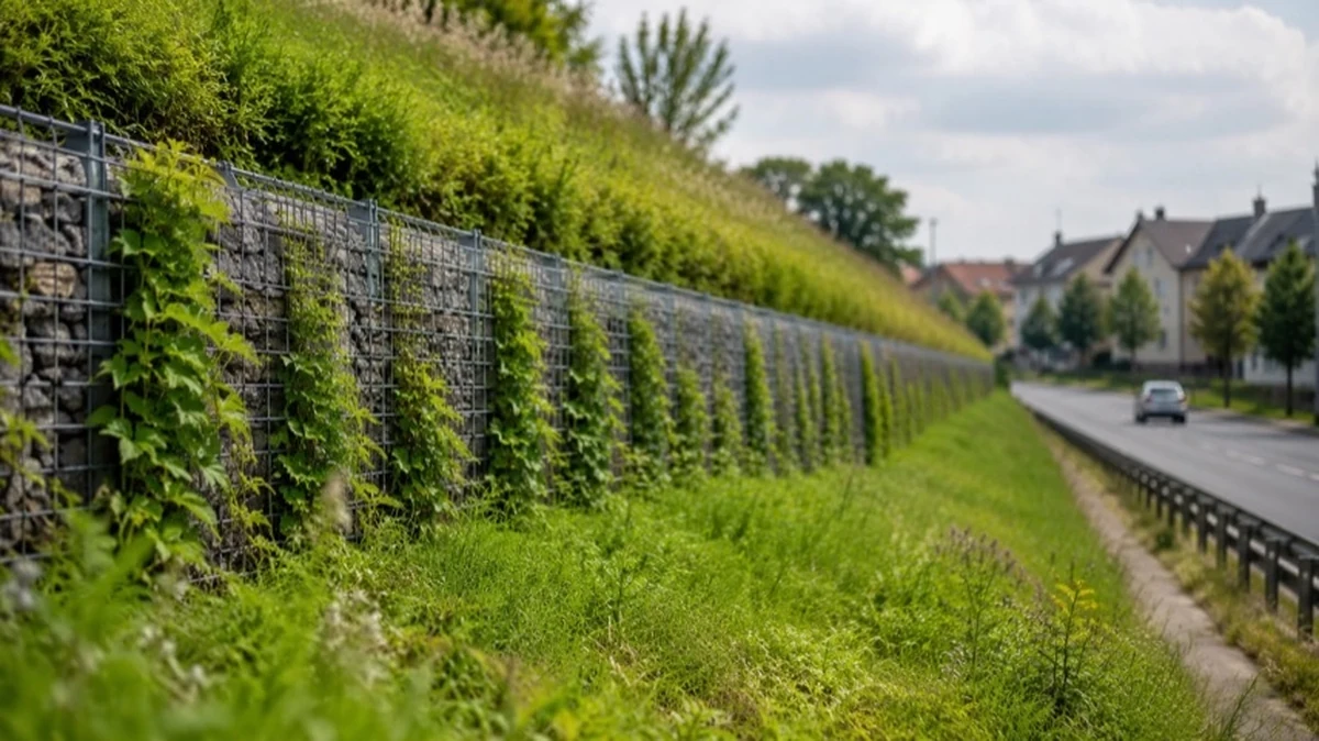 Begrünter Lärmschutzwall an einer Verkehrsstraße mit Böschung, Rankpflanzen und Wohngebiet im Hintergrund