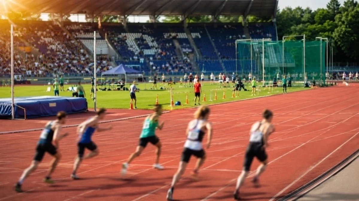 Leichtathletikstadion mit Laufbahn und Athleten bei einem internationalen Meeting in Osterode am Harz
