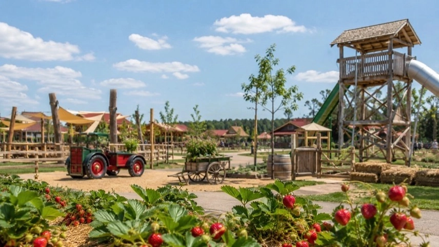 Freizeitareal mit Erdbeerfeldern und Spielbereichen als Symbol für das geplante Karls Erlebnis-Dorf in Wernigerode