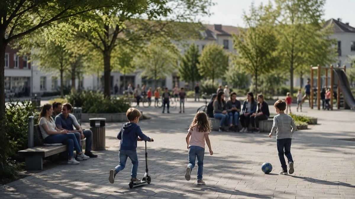Kinder spielen auf einem öffentlichen Platz mit Grünflächen, Spielgeräten und sicheren Wegen in einer familienfreundlichen Kommune.