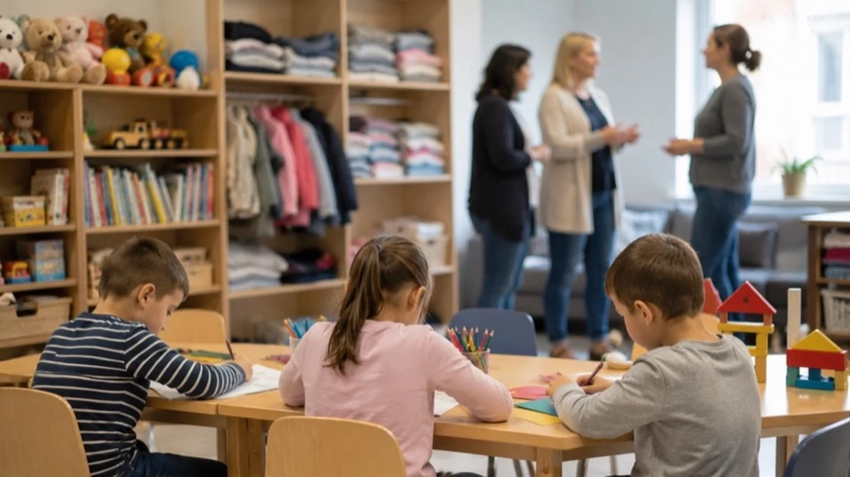 Kinder an Basteltisch in Familienzentrum mit Spielzeug, Büchern und Kinderkleidung als Symbol für Kinderschutz im Harz