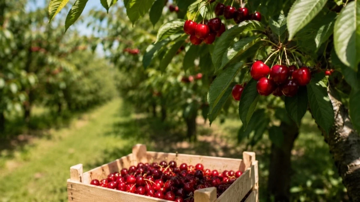 Reife Süßkirschen an Kirschbäumen in einer Obstplantage während der Kirschsaison 2026 in Sachsen-Anhalt