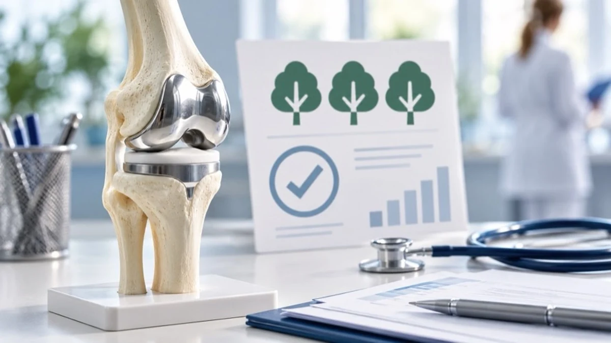 Anatomisches Kniegelenk-Modell mit medizinischen Unterlagen als Symbol für Kniegelenkersatz und Klinikqualität.