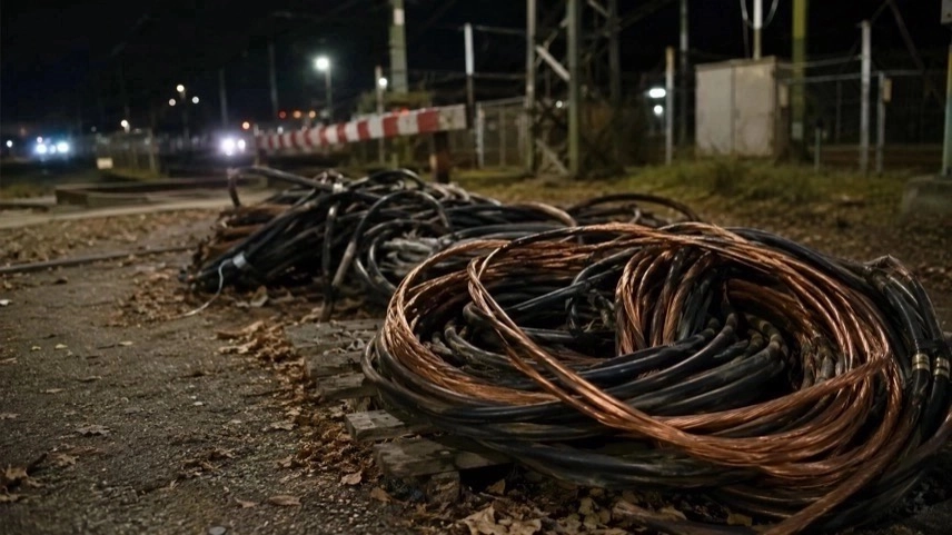 Kupferkabel auf Industriegelände im Harz neben technischer Infrastruktur und Baustellenbereich bei Nacht