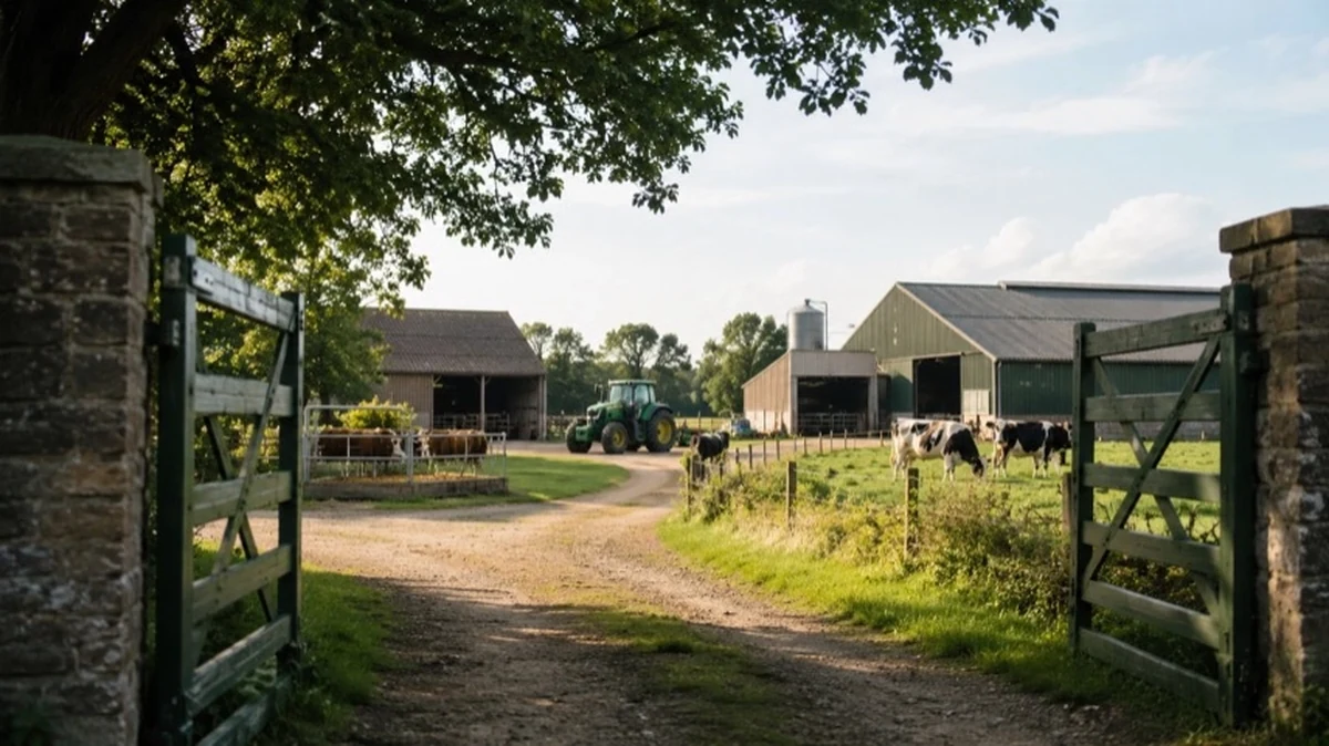 Offenes Hoftor mit Feldern, Traktor, Stallgebäude und Weide als Symbol für Landwirtschaft in Niedersachsen