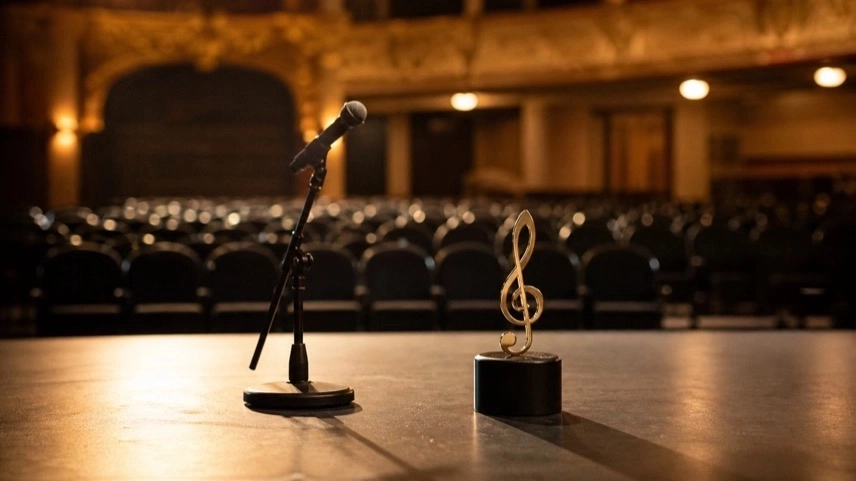 Beleuchtete Bühne mit Mikrofon und symbolischem Musikpreis bei einer Musikveranstaltung in Hahnenklee