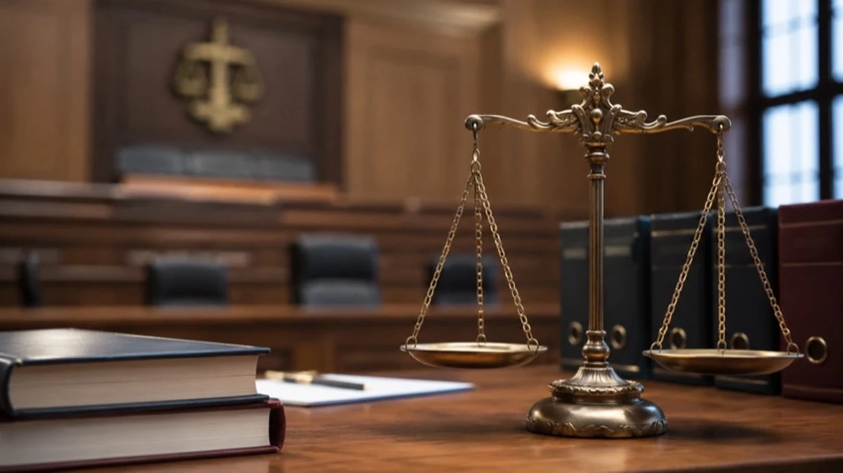 Justizwaage auf Schreibtisch in Gerichtsraum mit Akten, Symbol für lebenslange Freiheitsstrafe und deutsches Strafrecht