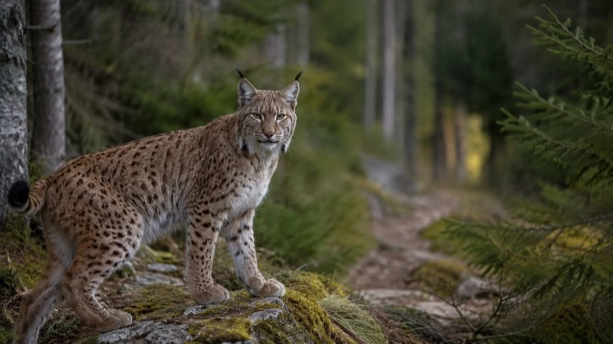 Eurasischer Luchs in einem deutschen Mischwald auf einem Waldpfad zwischen Bäumen und natürlicher Vegetation