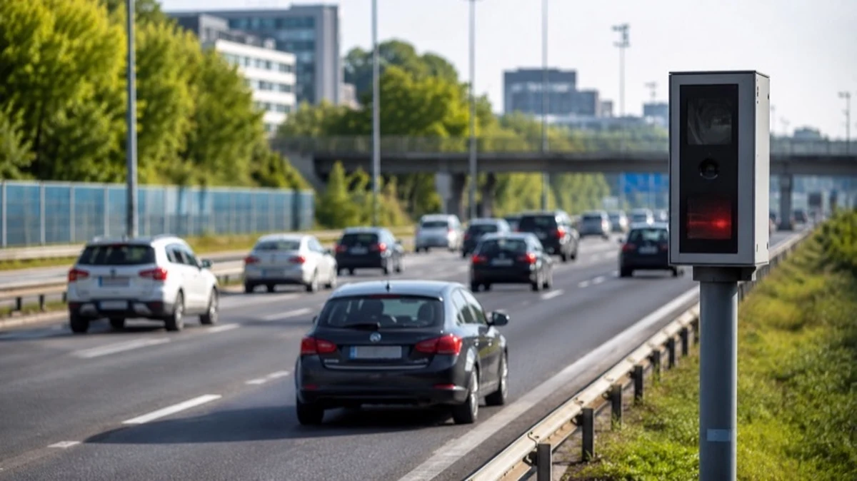 Mehrspurige Stadtstraße mit Verkehrsschild, Geschwindigkeitsanzeige und mehreren Fahrzeugen im fließenden Verkehr