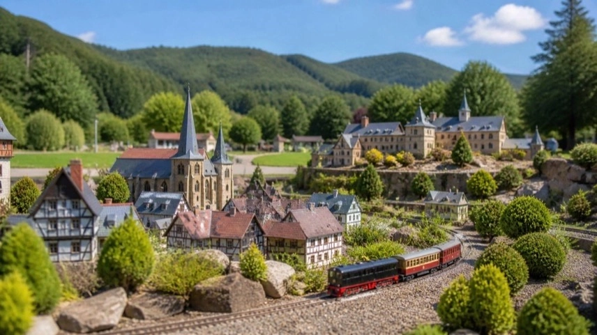 Miniaturenpark Kleiner Harz Wernigerode mit Modellgebäuden, Miniaturbahn und Parklandschaft im Maßstab 1:25