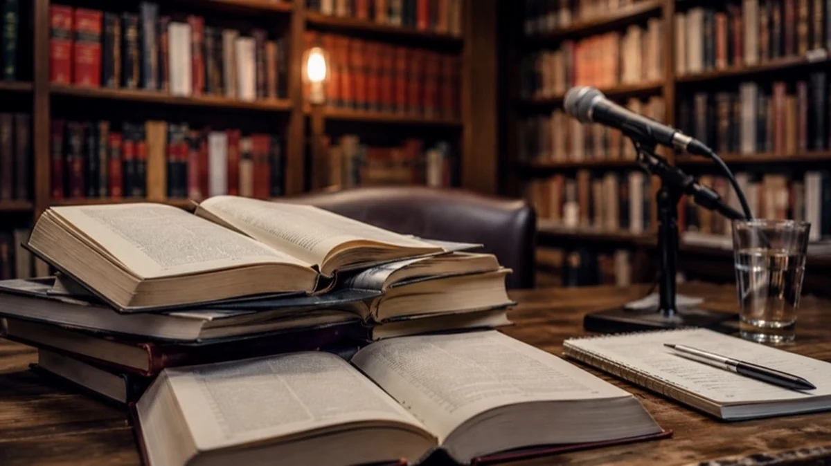 Geöffnete Kriminalromane auf einem Tisch in einer Bibliothek mit Bücherregalen im Hintergrund und Lesungsmikrofon.
