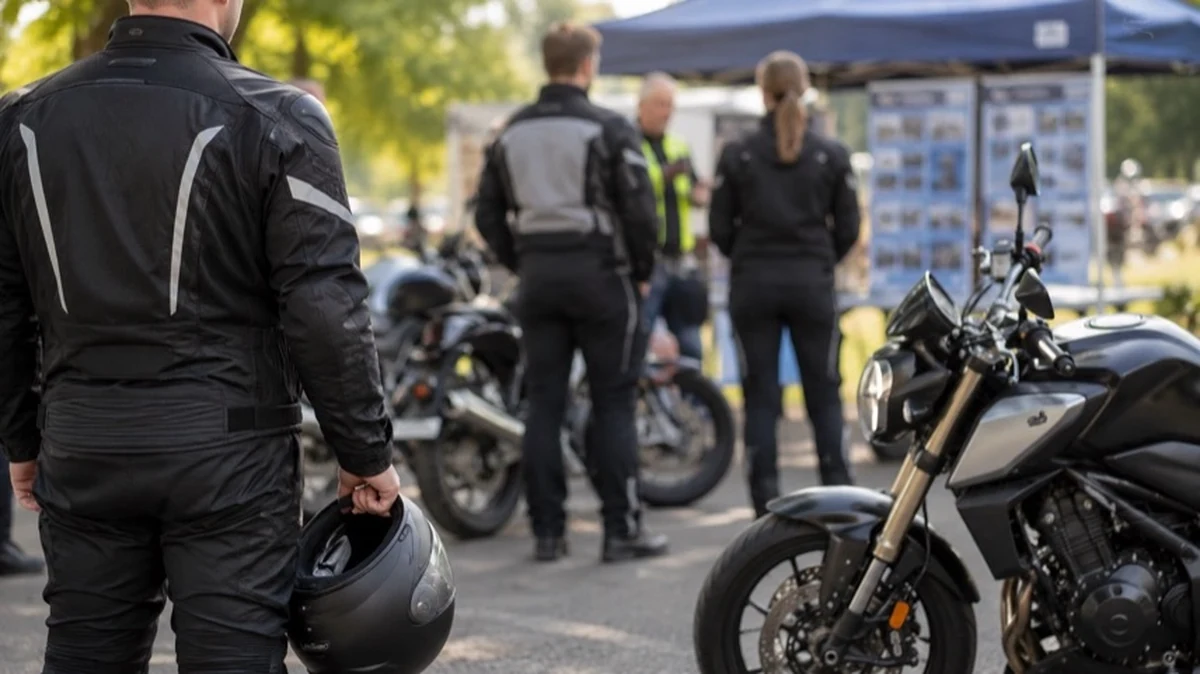 Motorradfahrer mit Schutzkleidung und Helmen an einem Informationsstand zur Verkehrssicherheit und Unfallprävention