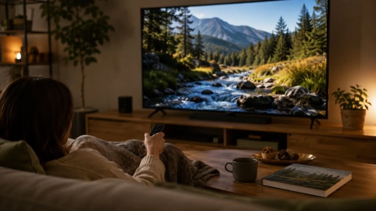Fernseher mit Naturaufnahme von Wald und Bergen in einem Wohnzimmer, Symbol für Naturdokumentation über den Harz