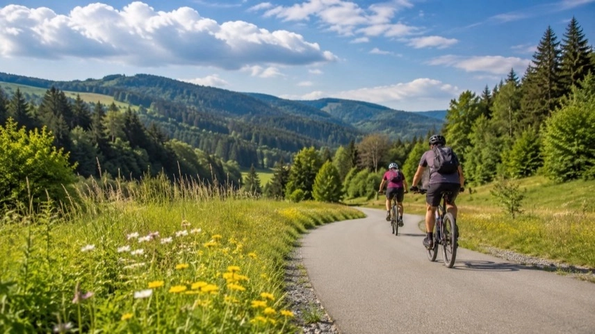 Fernradweg zwischen Harz und Rennsteig mit Radfahrern, Waldlandschaft und ausgebauter Radroute in Thüringen