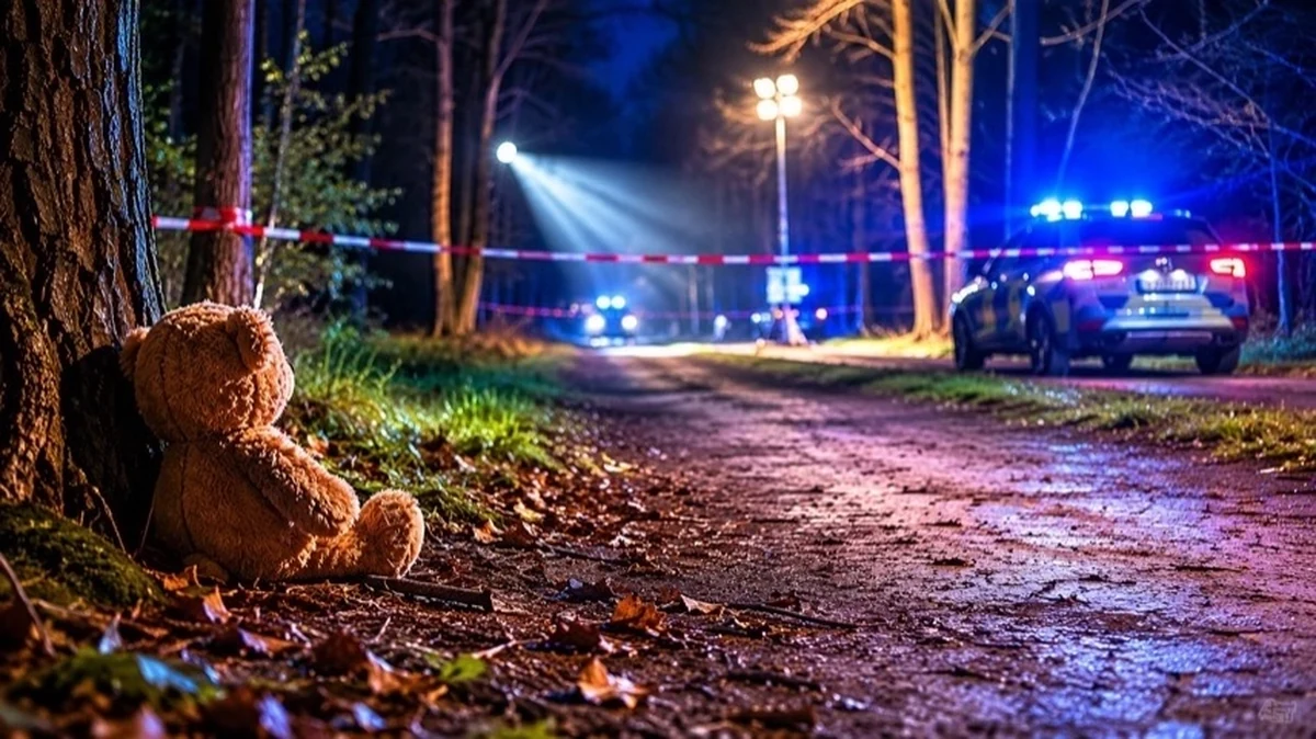Waldweg mit Suchscheinwerfern und Polizeilicht bei nächtlicher Vermisstensuche im Fall Inga Gehricke in Sachsen-Anhalt