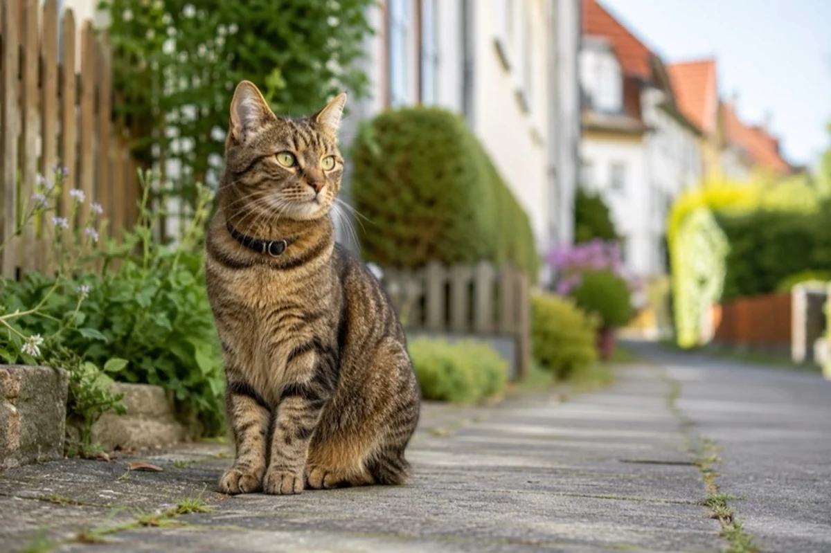 Eine getigerte Hauskatze mit Halsband sitzt auf einem Gartenweg vor Wohnhäusern in einer ruhigen Wohngegend.