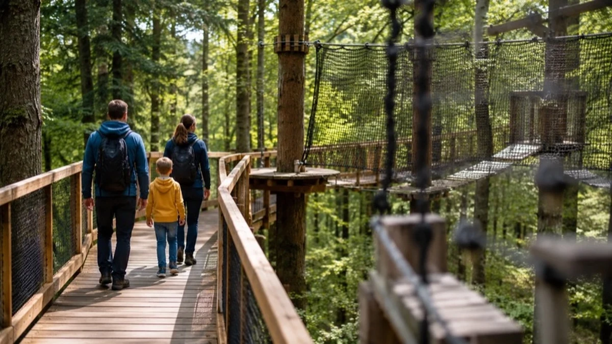 Familie auf erhöhtem Waldpfad mit Kletterelementen und Netzanlagen in einem Naturerlebnisbereich im Harz