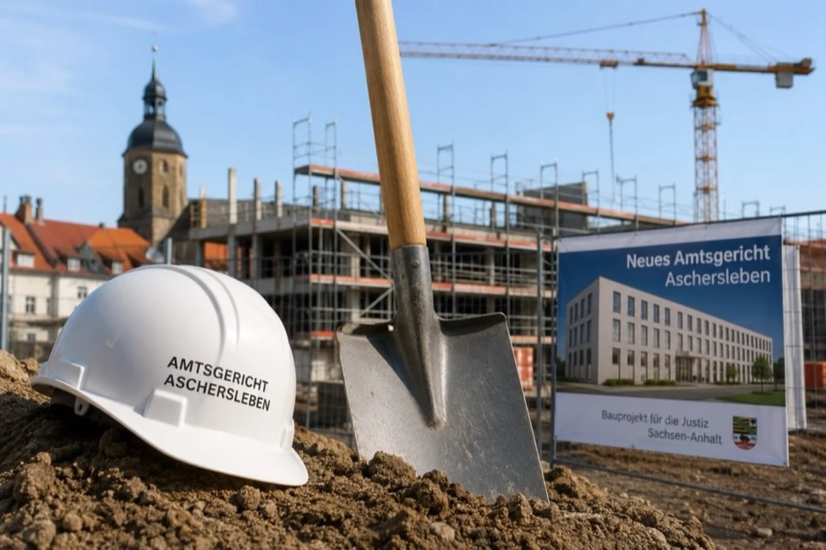 Ein moderner Gerichtsneubau im Bau mit Bauhelm, Spaten und Baukran auf einer Baustelle.