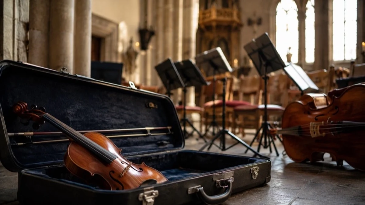 Geige und Cello mit Notenständern in einem Kirchenraum als Symbol für Streichorchester und Benefizkonzert in Halberstadt