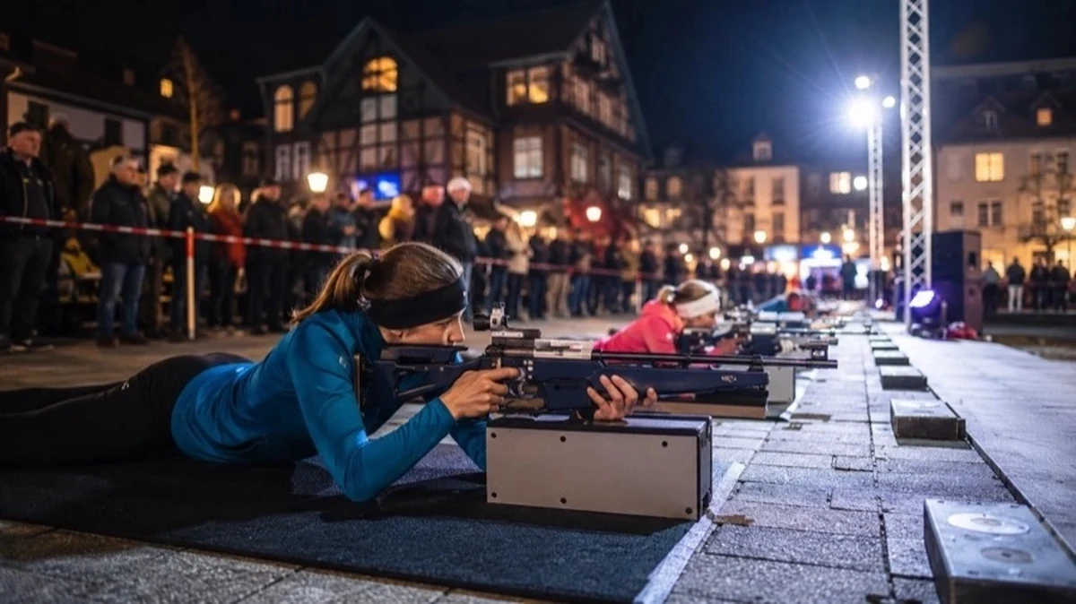 Beleuchtete Biathlon-Schießstände bei einem Nightbiathlon-Event in Braunlage im Oberharz mit Sportlern und Zuschauern