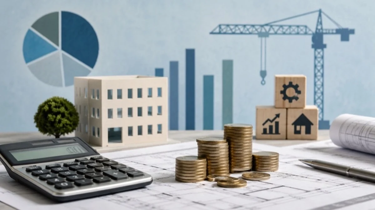 Abstrakte Darstellung kommunaler Bauprojekte mit Bauplänen, Münzen und Finanzsymbolen zur Finanzierung öffentlicher Investitionen.