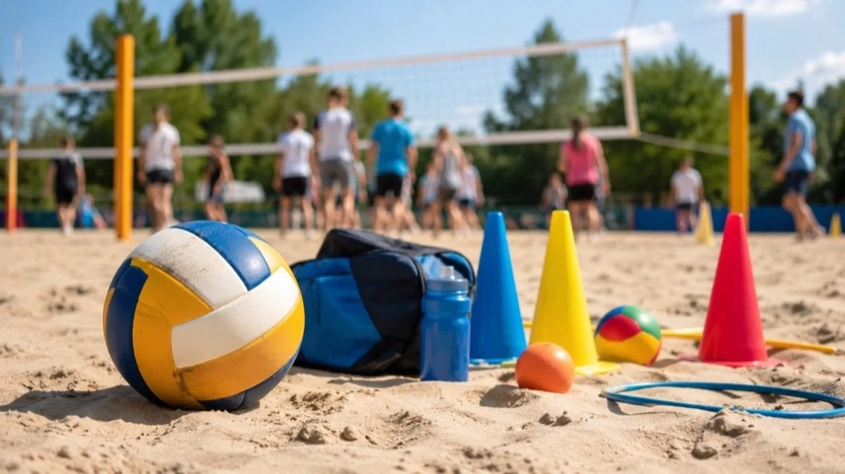 Beachvolleyball-Netz auf Sandfläche mit Sportmaterial für Kinder bei einer Veranstaltung zur Nachwuchsförderung im Harz