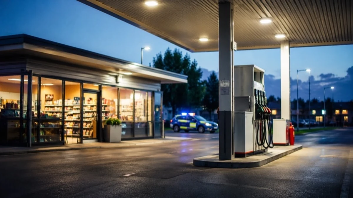 Tankstelle bei Abenddämmerung mit Eingangsbereich und Zapfsäulen im Stadtgebiet von Goslar