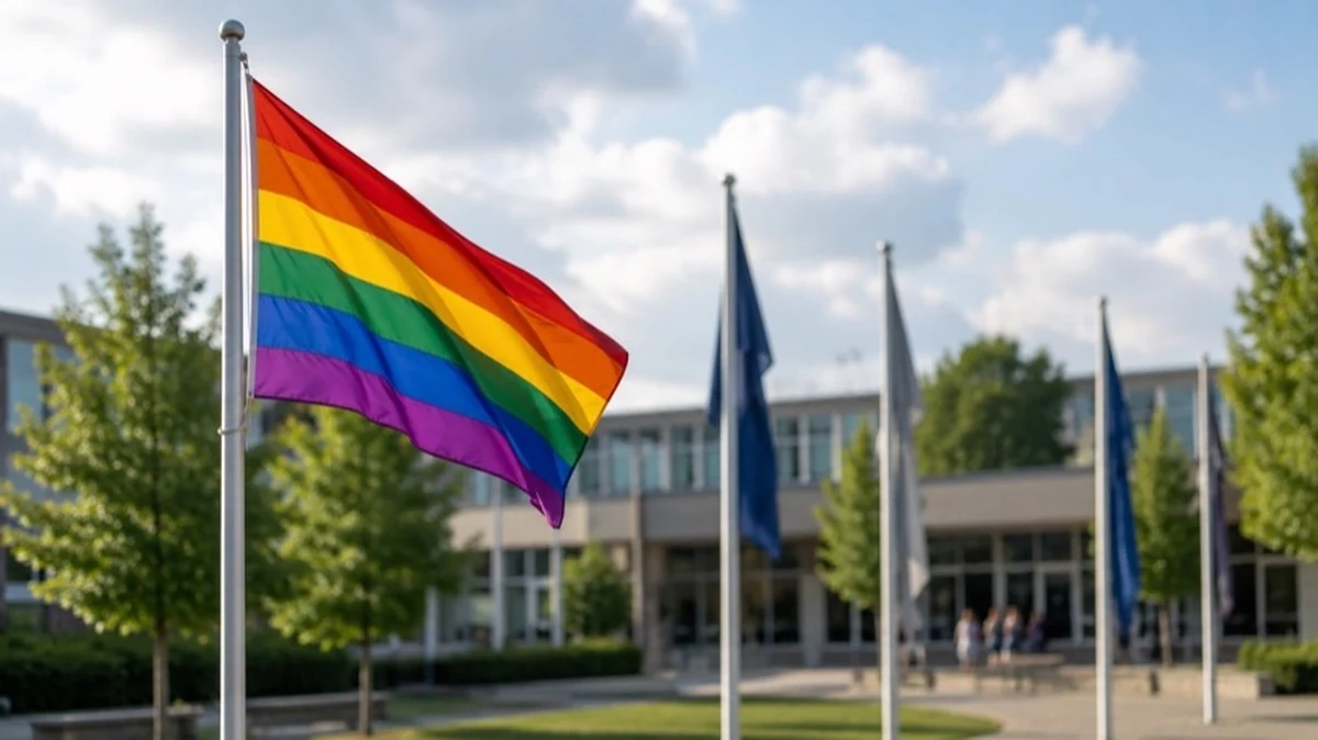 Regenbogenfahne auf einem Schulgelände mit Fahnenmasten vor einer Bildungseinrichtung in Deutschland