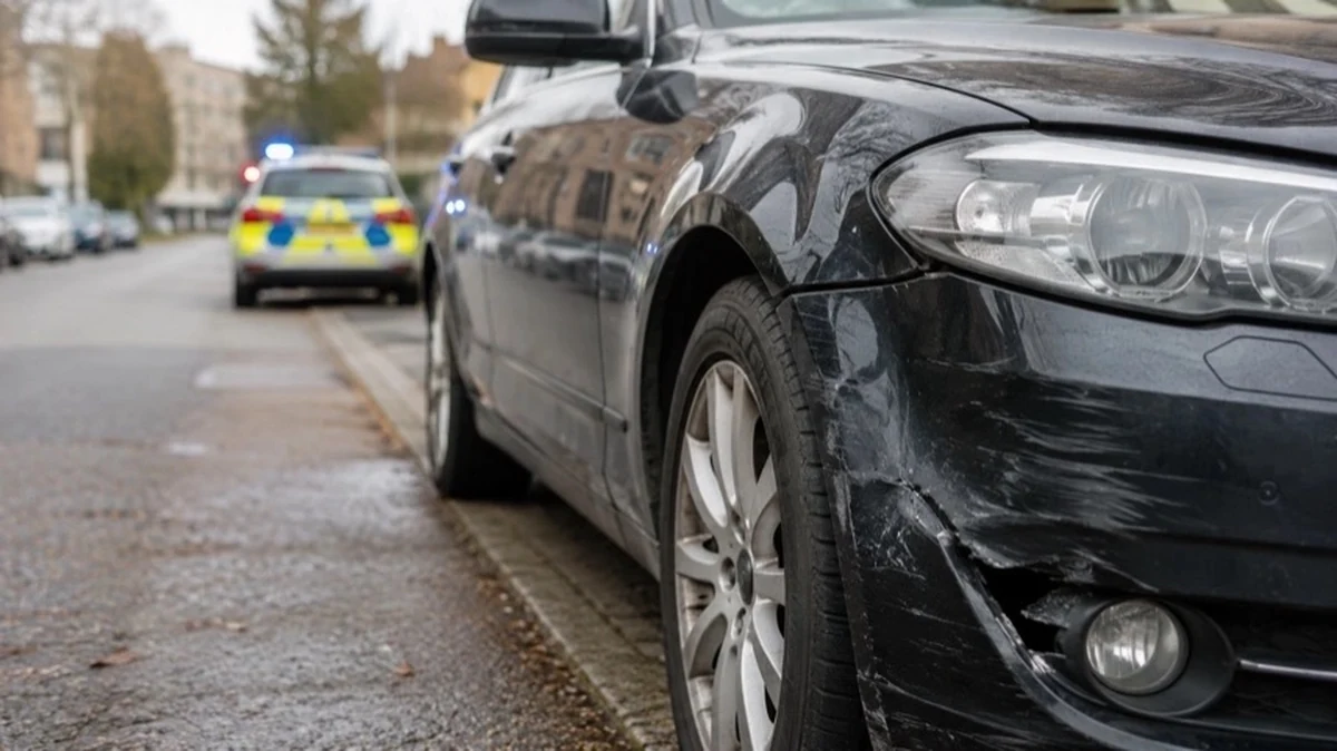 Beschädigtes Auto am Straßenrand in Braunlage mit Polizeifahrzeug im Hintergrund nach Unfallflucht im Oberharz