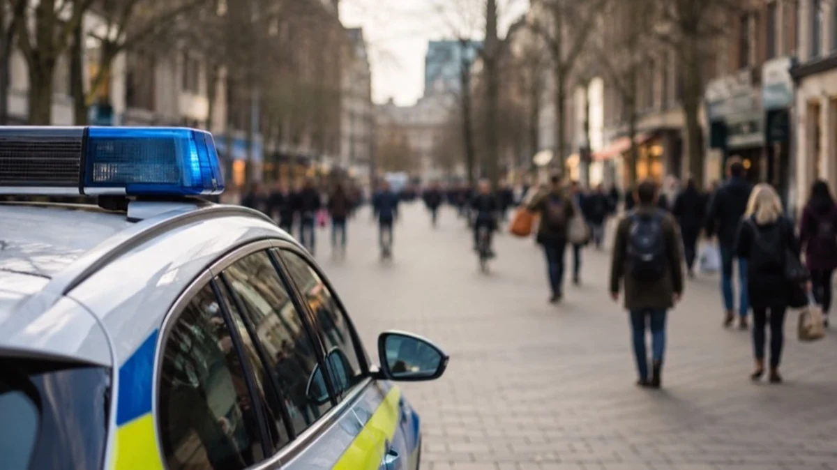 Polizeifahrzeug an einer Fußgängerzone in einer deutschen Innenstadt mit Passanten und urbanem Umfeld