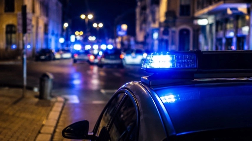 Polizeifahrzeug bei Nacht in einer Innenstadt, Symbol für steigende Kriminalität und Polizeieinsätze in Goslar
