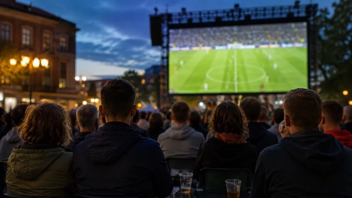 Fußballfans beim Public Viewing vor großer Leinwand zur WM 2026 in Goslar