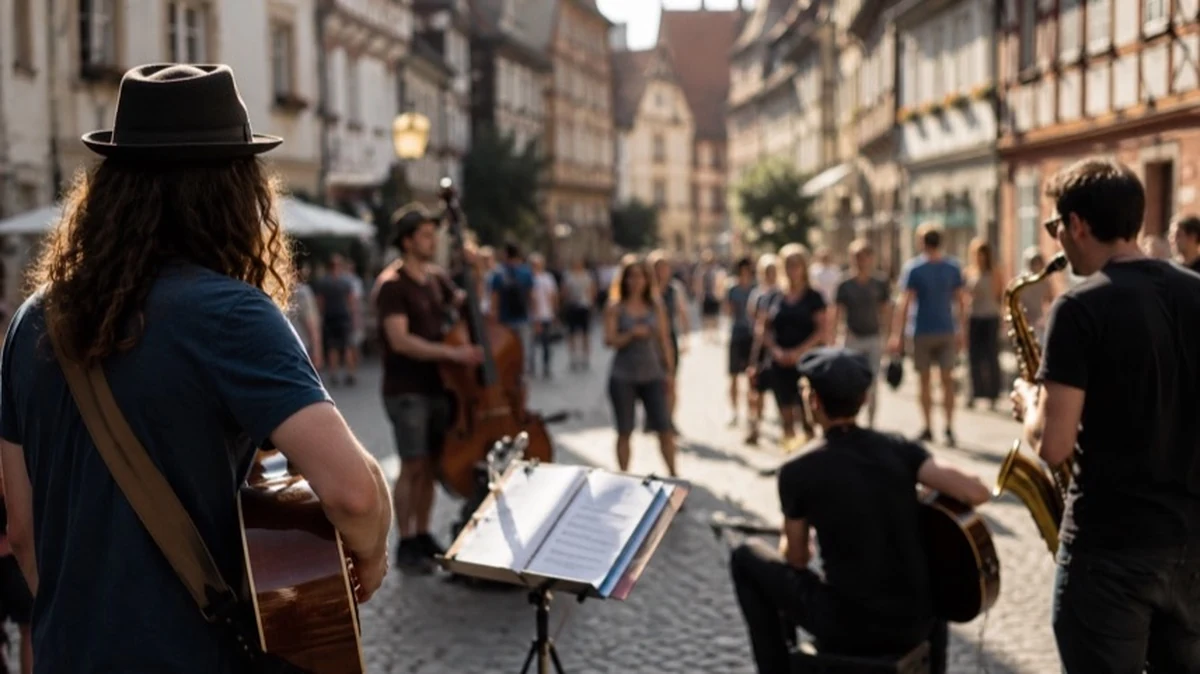 Musiker und Passanten in einer historischen Altstadt bei einem öffentlichen Musikfest mit offenen Bühnen und Konzerten