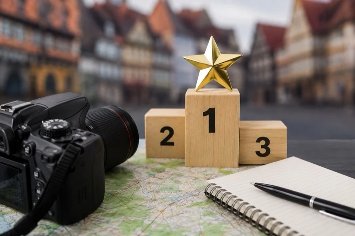 Generische historische Fachwerkhäuser mit Kopfsteinpflaster und Reiseführer zum Altstadt-Ranking von Quedlinburg im Harz