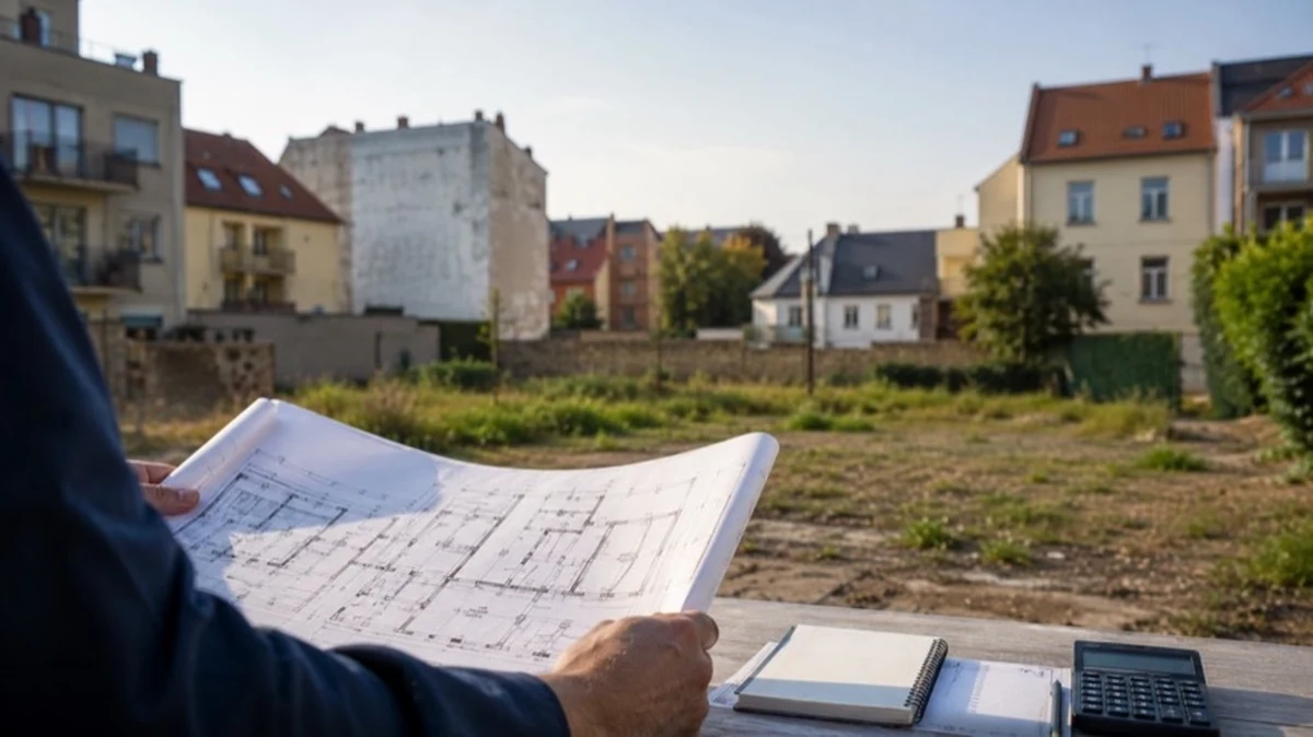 Freifläche zwischen Wohnhäusern mit Bauplänen als Symbol für Lückenbebauung, Wohnungsbau und Stadtentwicklung in Quedlinburg