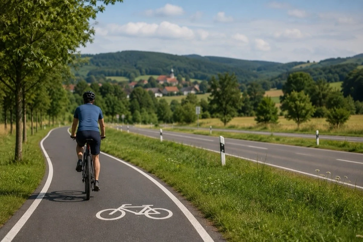 Ein Radfahrer fährt auf einem modernen Radweg neben einer Landstraße durch eine bewaldete Hügellandschaft im Harz.