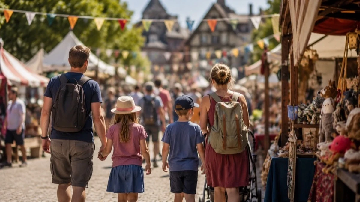 Familien mit Kindern auf einem historischen Stadtplatz zwischen Marktständen und kulturellen Angeboten bei einem Stadtfest