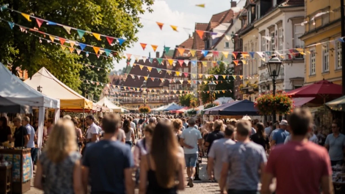 Festlich dekorierte Altstadtstraße mit Marktständen, Besuchern und sommerlicher Stadtfest-Atmosphäre