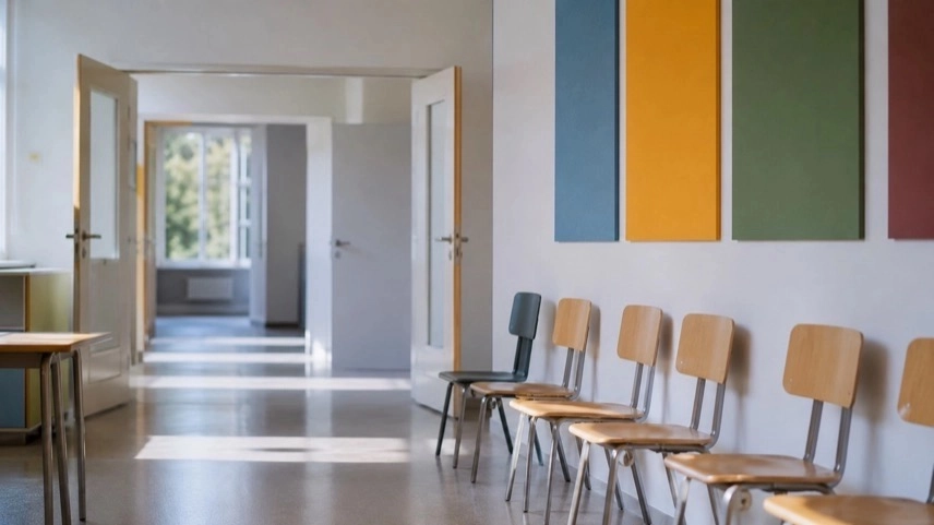 Heller Schulflur eines Gymnasiums mit offenen Türen und neutral gestalteten Wänden zum Thema Vielfalt und Schule