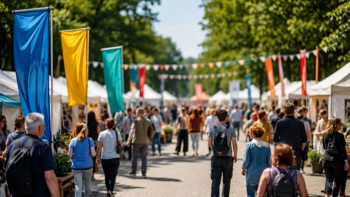 Besucher auf einem Festplatz mit Informationsständen und Fahnen als Symbol für den Sachsen-Anhalt-Tag und regionale Vielfalt