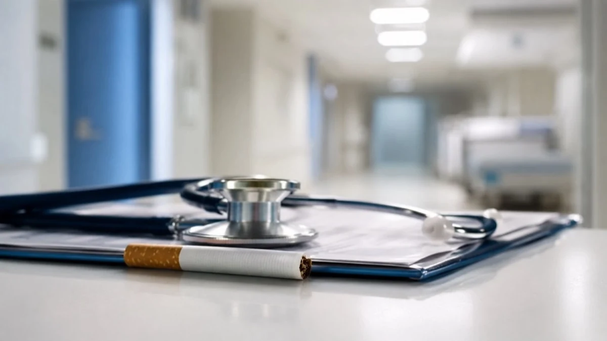 Stethoskop, medizinische Unterlagen und Zigarette als Symbol für Raucherquote und Gesundheitsfolgen in Sachsen-Anhalt