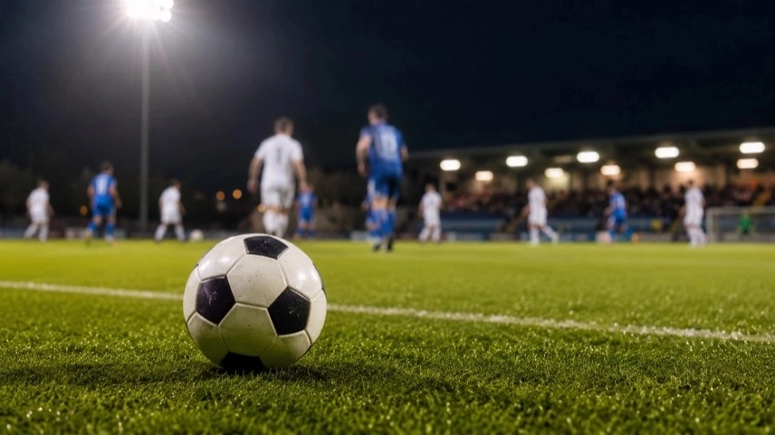 Fußballspiel in der NOFV-Oberliga Süd mit Spielern auf Rasenplatz unter Flutlicht im Stadion