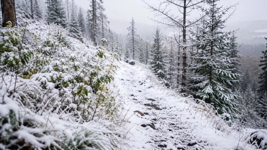Verschneiter Wanderweg im Harz mit Nebel und Frühlingsvegetation während eines Wintereinbruchs im Mai 2026